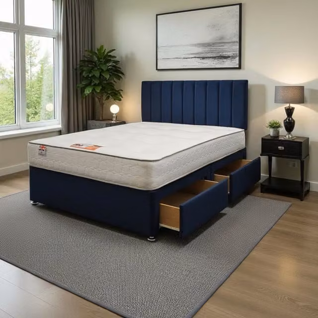 Knight Sleep Paris Plush Single Bed Set with Mattress and 2 Drawers in Navy Blue, W/D/H: 90 x 200 cm