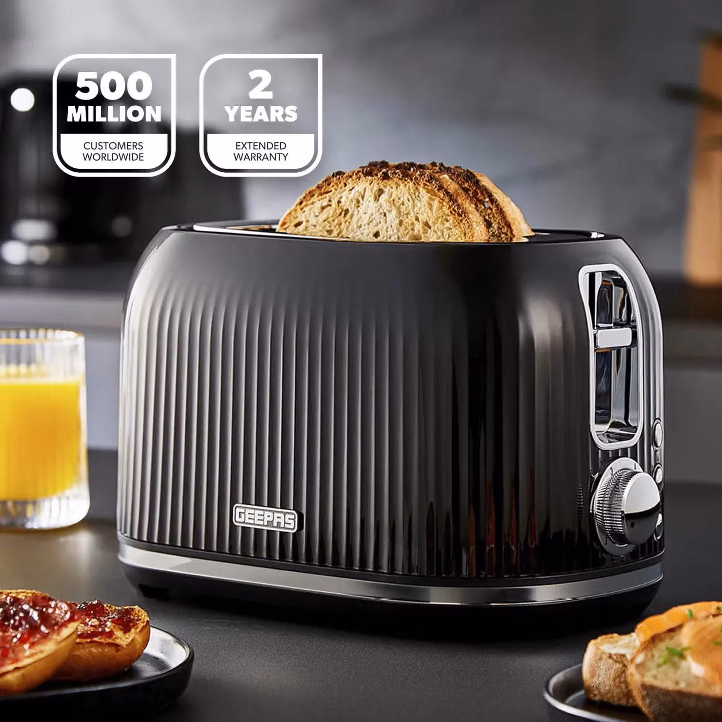 Geepas Fluted Collection 1000W 2 Slice Toaster in Black – 2