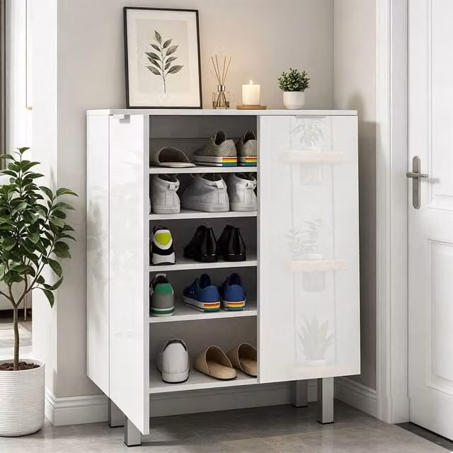 ERGOVEXA White High Gloss 5-Shelf Shoe Storage Cupboard with Soft-Close Hinged Doors