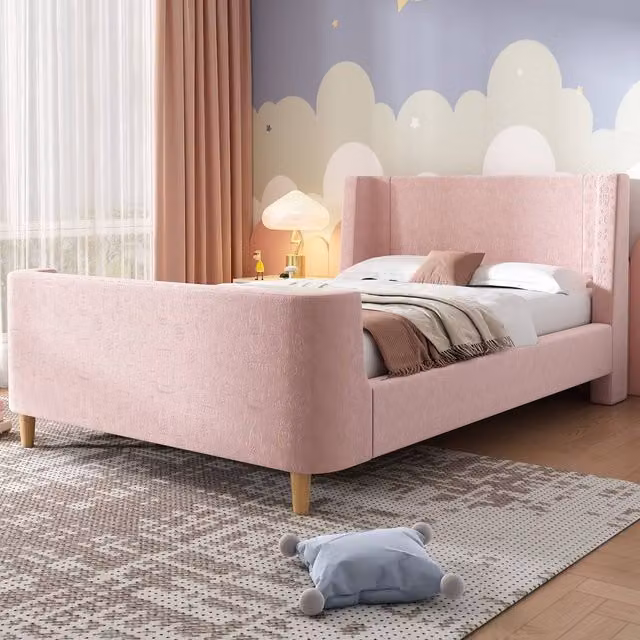Merax Single Upholstered Velvet Kids Bed Frame in Pink, W/D/H: 90 x 190 x 150 cm