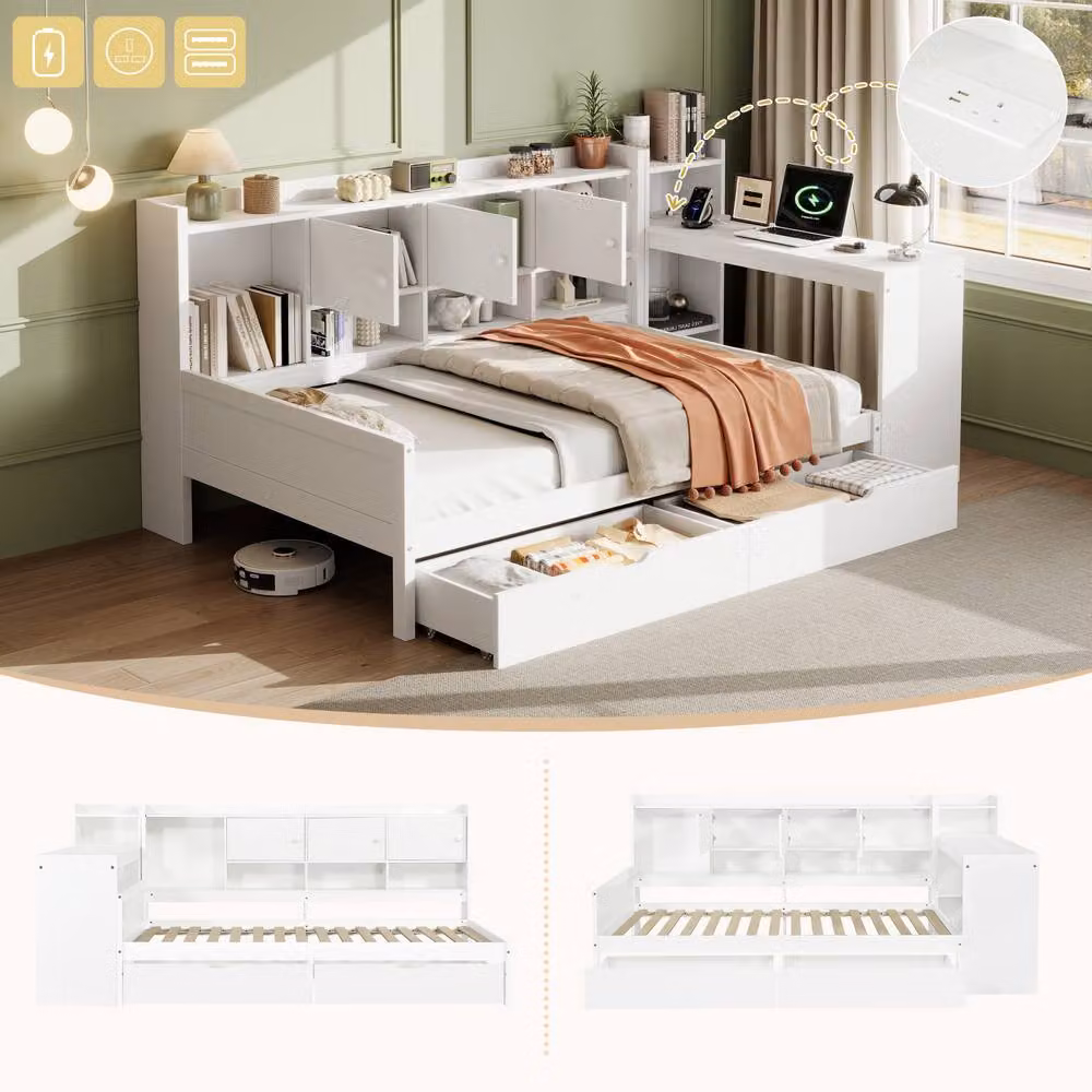 BTM Single Daybed with Storage Drawers, Bookcase and Desk in White and Gold – 2