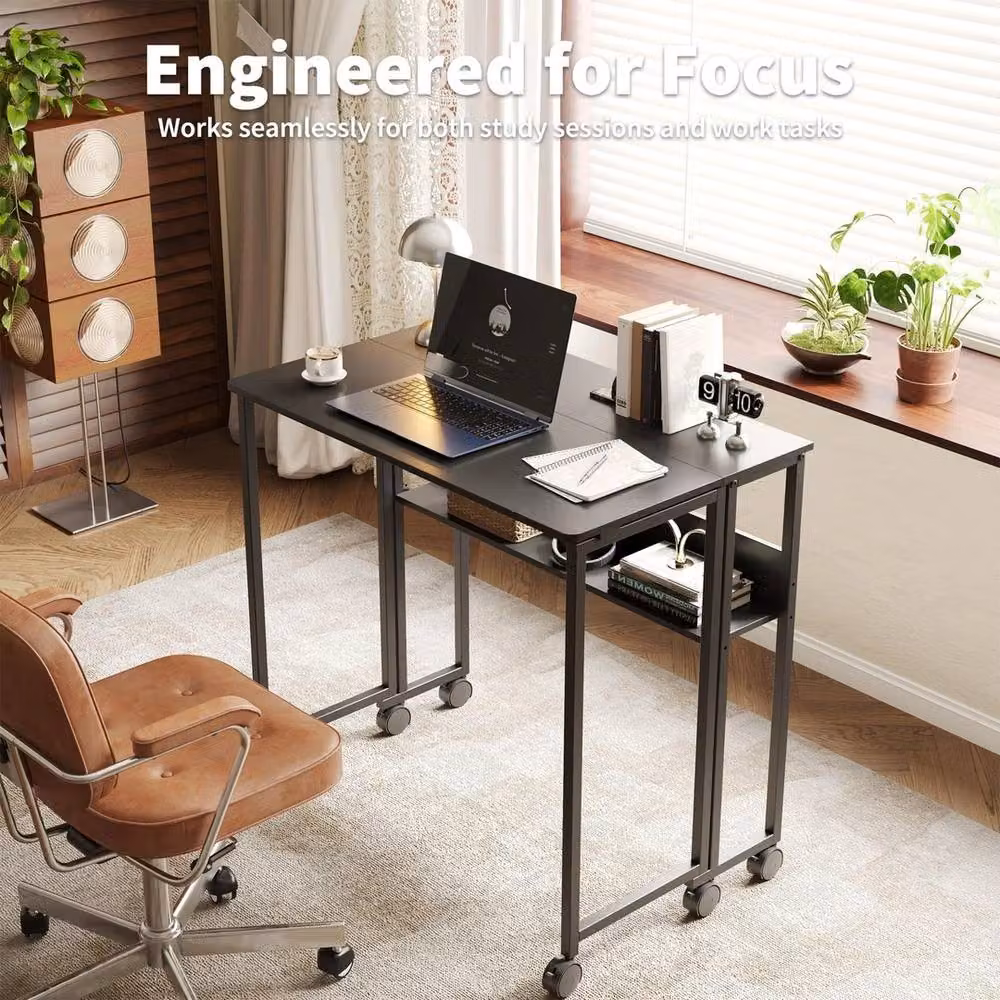 Nordara Black Folding Computer Desk with Storage Shelf and Lockable Castors – 4