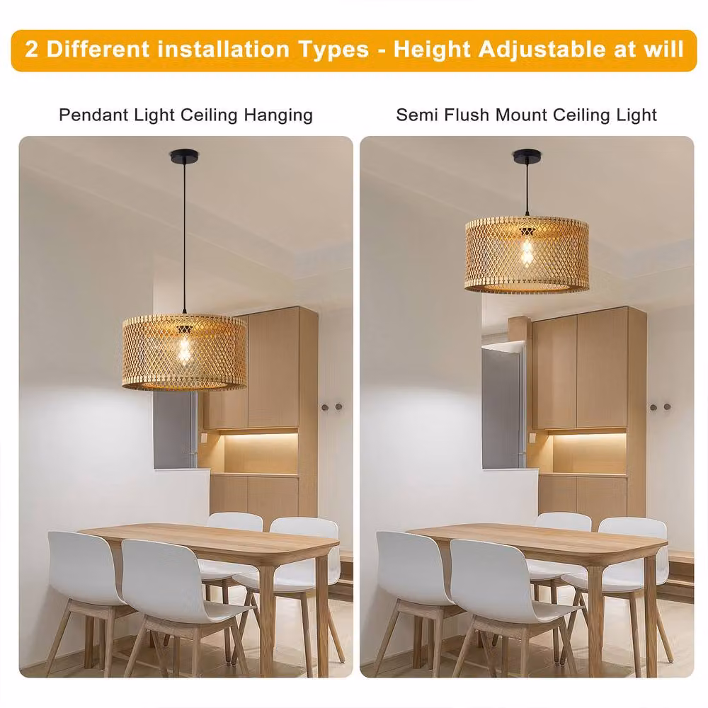 NIVOR Adjustable Dimmable Boho Wooden Caged Pendant Light in Tan with E27 Socket – 2