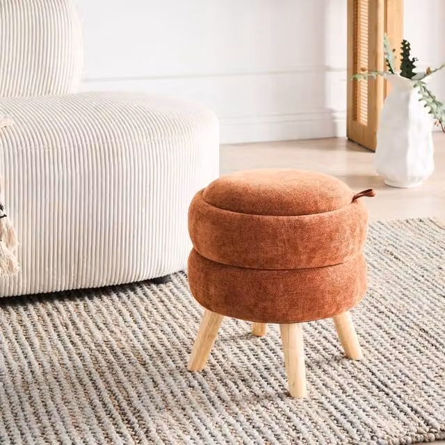 Wyld and Coco Pouffe Golden Brown Chenille Storage Stool W: 40 cm, D: 41 cm