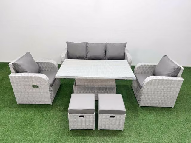 Fimous PE Rattan Garden Furniture Set in Light Grey with 3 Seater Sofa, Reclining Chairs, Coffee Table and 2 Stools