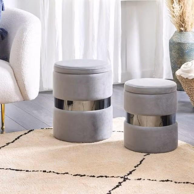Wyld and Coco Set of 2 Grey Velvet Cylindrical Storage Pouffes with Stainless Steel Metal Frame – 1