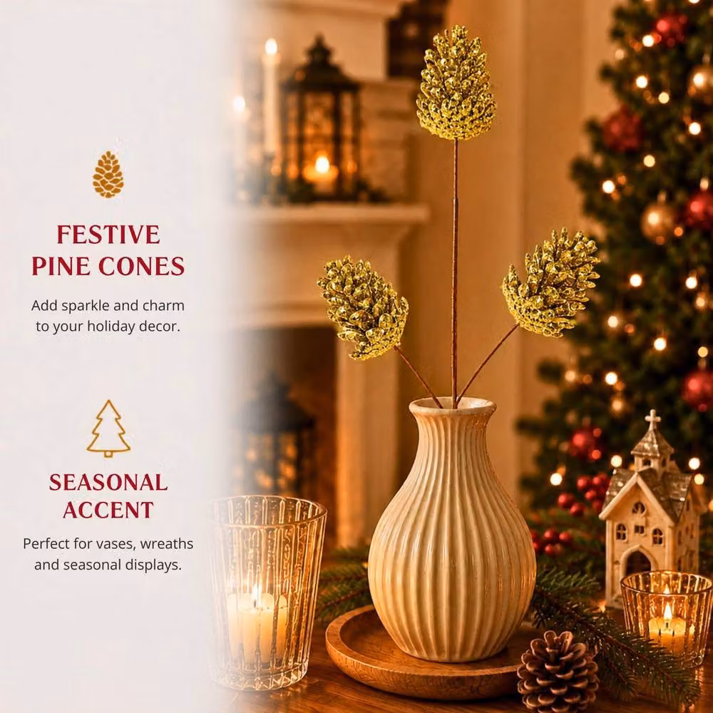 Shatchi Gold Glitter Pine Cone Christmas Picks, 12 Pack, Height: 58 cm – 5