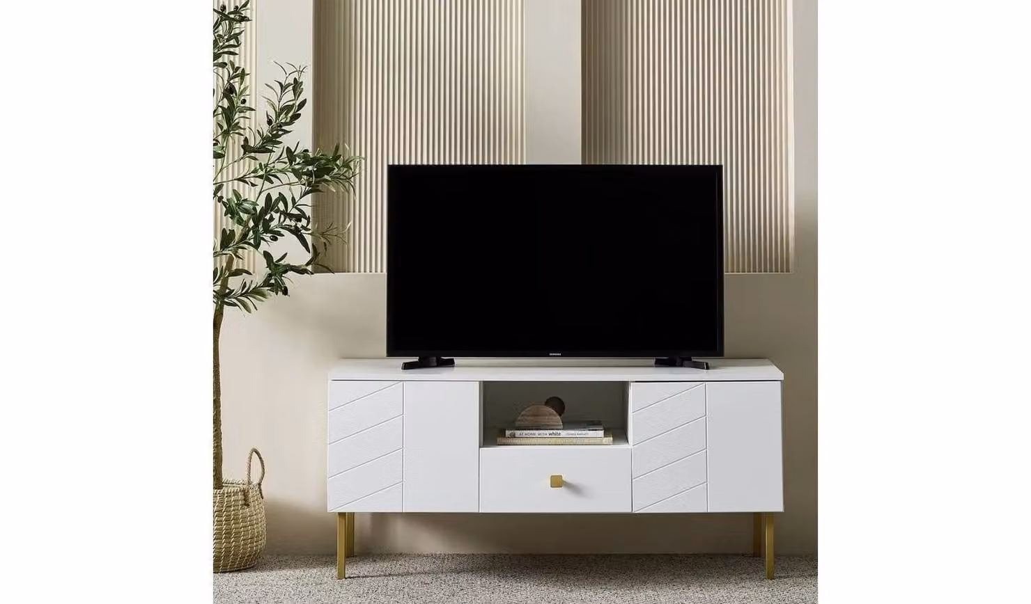 Kyler Modern Geometric TV Unit in White and Gold, W/D/H: 120 x 42 x 54.1 cm