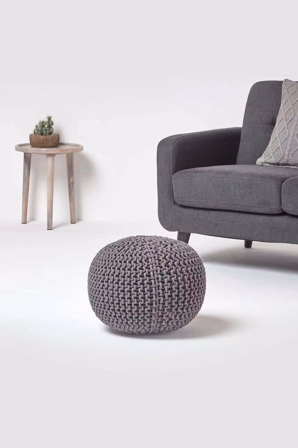 Homescapes Round Cotton Knitted Pouffe Footstool in Grey – 2