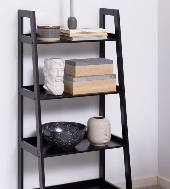 Furniture To Go Wally 4-Shelf Modern Freestanding Ladder Bookcase in Black