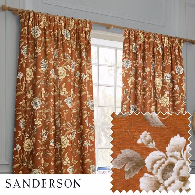 Sanderson Porcelain Garden Floral Printed Chenille Pencil Pleat Opaque Curtains in Orange W/D/H: 229 x 229 cm – 1