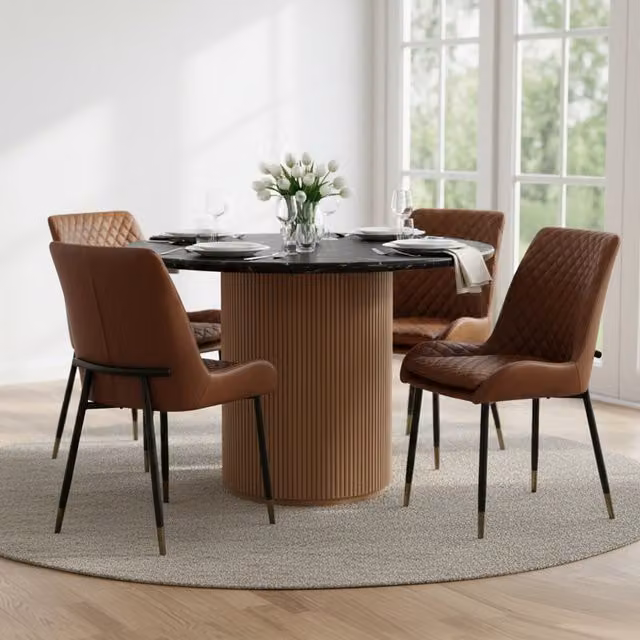 Luxor Living Mid-Century Round Dining Table with Black Marble Top and Brown Wood Pedestal