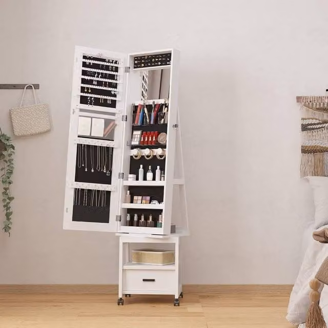 London Boutique 360 Swivel Jewelry Armoire Cabinet with Lockable Full-Length Mirror in White