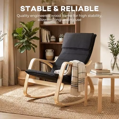 HOMCOM Modern Black Fabric Rocking Chair with Armrests and Solid Wood Frame – 5