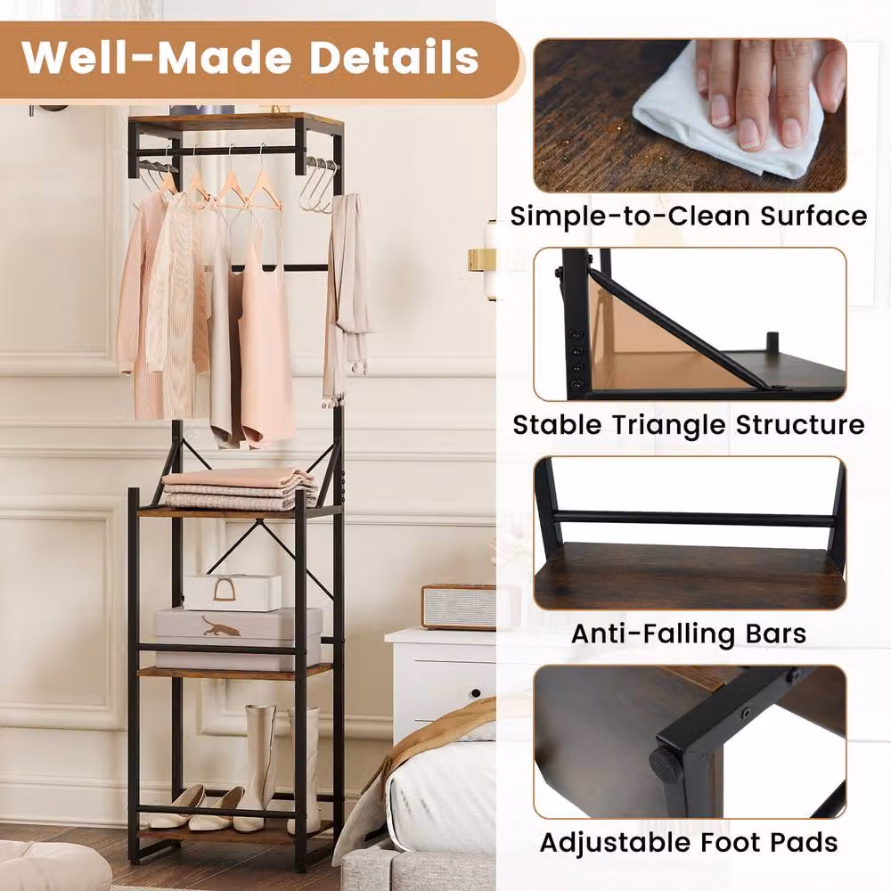 Costway Industrial Slim Hall Tree with Bench, 4 Storage Shelves and Hooks in Brown – 5