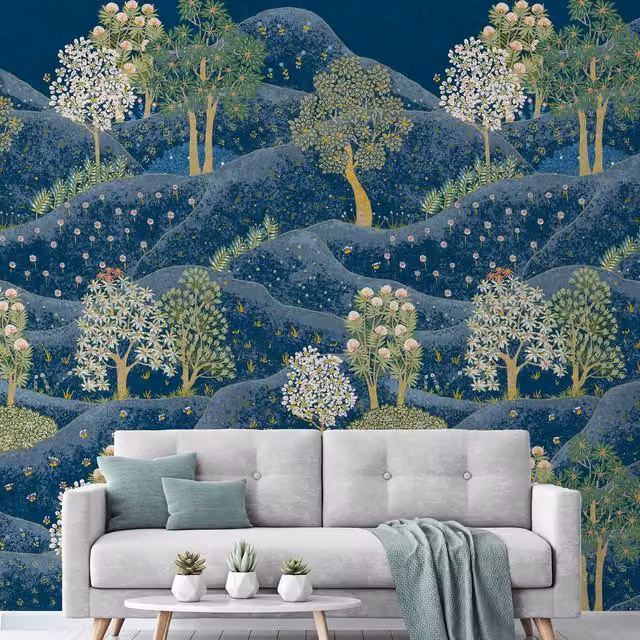 Grandeco Whimsy Scene Repeatable Mural Wallpaper in Blue Floral Nature Landscape Design