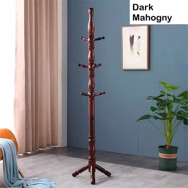 Nordara Vintage Solid Wood Coat Stand in Dark Red Mahogany Finish, H 185 x W 43 x D 43 cm