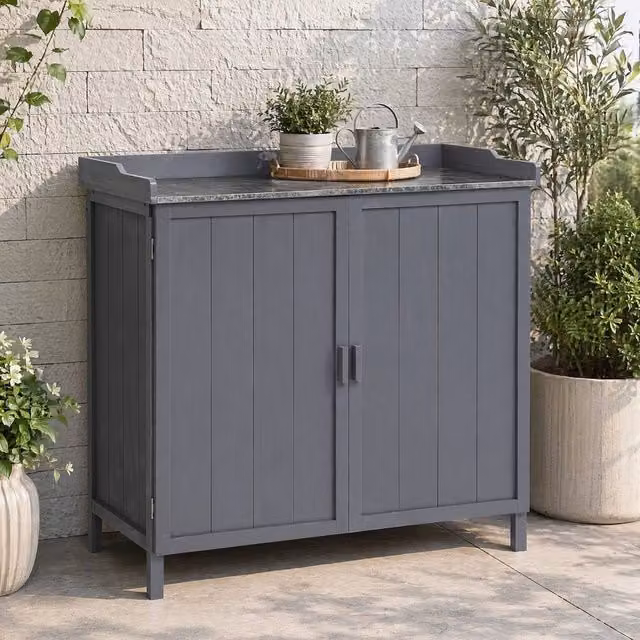 STILVORA Modern Grey Outdoor Storage Cabinet with Galvanised Steel Top and Internal Shelves – 1