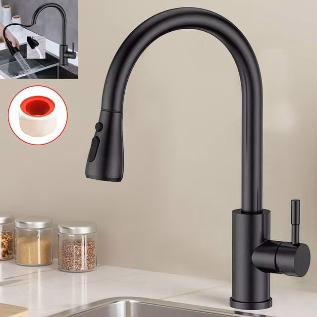 FORGEVIO Modern Single Lever Pull Out Kitchen Tap with Spray Function in Matt Black – 1
