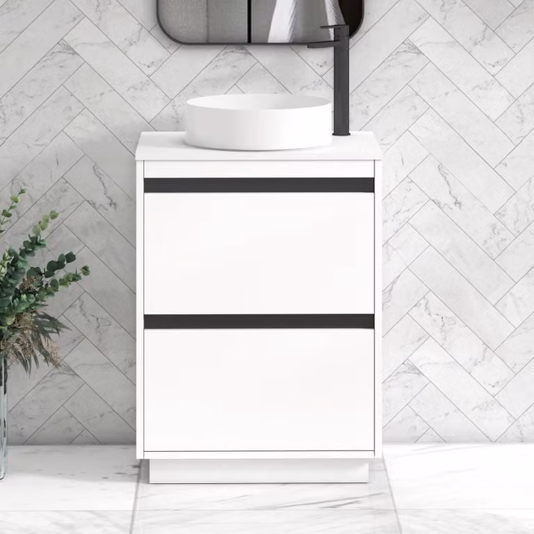 Royal Bathrooms Orion 600mm Matt White Floor Standing 2 Drawer Vanity Unit with Plain White Undrilled Worktop and Black Accent Trim
