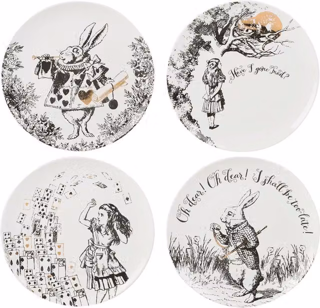 Victoria And Albert Alice In Wonderland Bone China Side Plates, Set of 4, White, Black and Gold