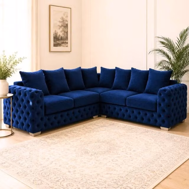 Stratus Interiors Ashley Navy Blue Fabric Chesterfield Sofa Set with 2 and 3 Seater Sofas and Scatter Cushions – 1