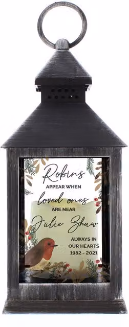 Personalised Memento Company Robins Appear Memorial Black LED Lantern