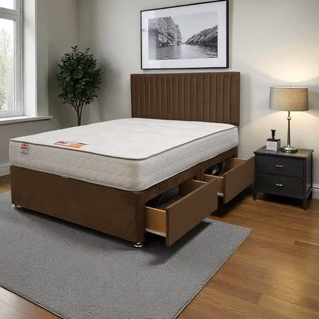 Knight Sleep Emily Plush Hybrid Bed Set with Mattress and Upholstered Headboard, Brown/Grey, W/D/H: 180 x 200 cm