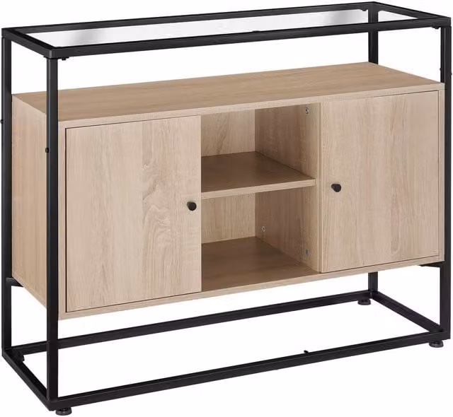 tectake Oldham Sideboard in Light Oak with Glass Top, Open Shelves and 2 Storage Compartments – 1