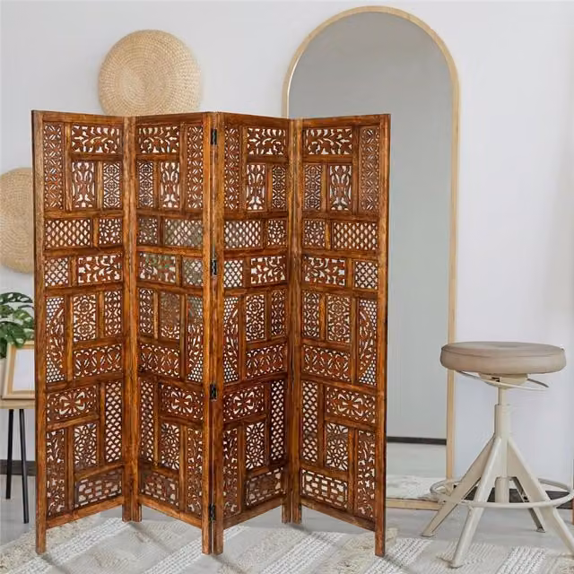 Topfurnishing 4 Panel Heavy Carved Wooden Room Divider Screen with Geometric Circle Design in Brown and White