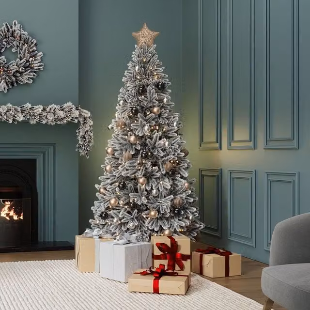 Charles Bentley Luxury 7ft Pre-Lit Faux Hinged Snowy Christmas Tree in White and Green