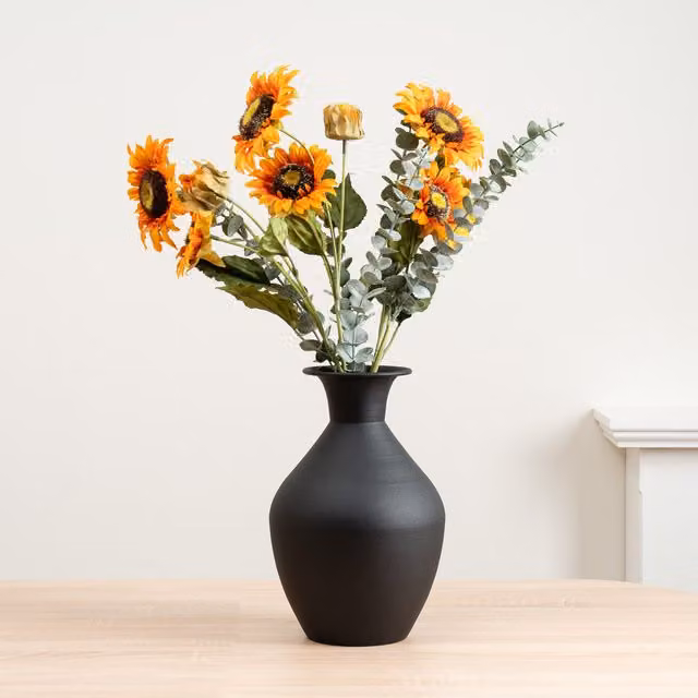 Scottish Everlastings Ltd Sunflower Bouquet in a Black Collared Vase, Yellow