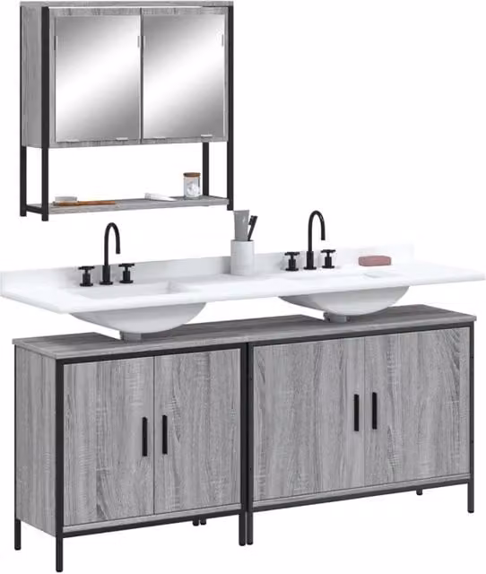 Berkfield Home 3 Piece Grey Bathroom Furniture Set with Mirror Cabinet and Vanity Unit