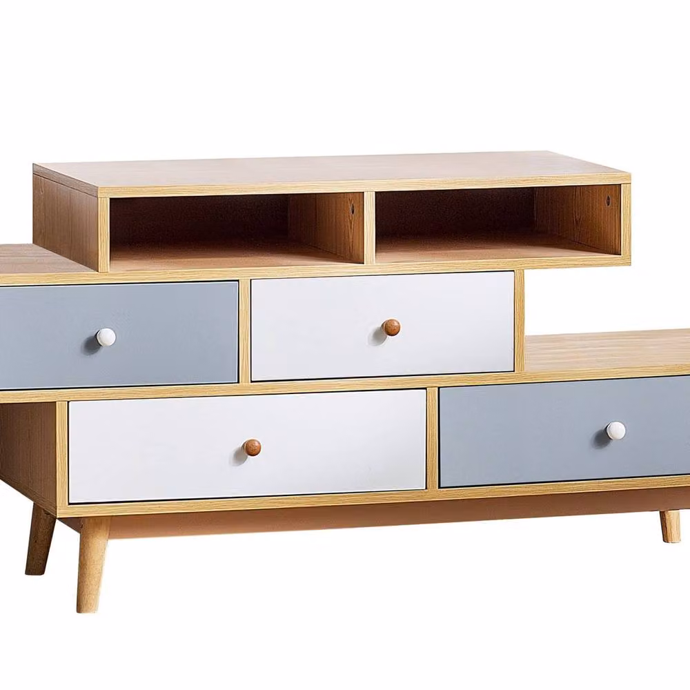 Wyld and Coco Brown Retro Sideboard with 4 Asymmetric Drawers and 2 Shelves – 2