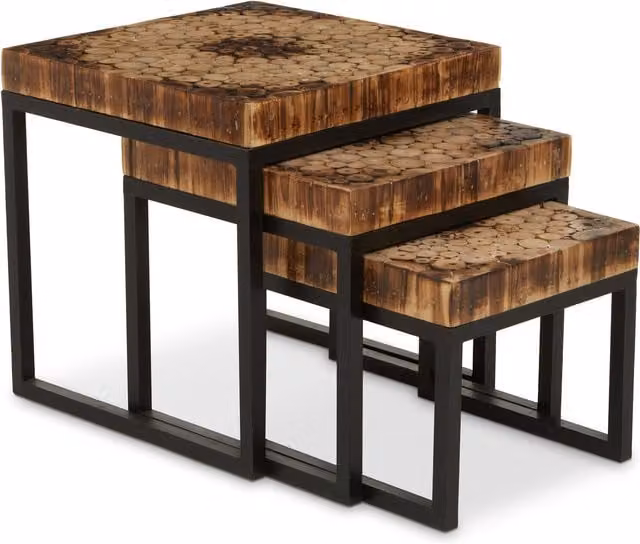 Orsina Malang Mosaic Teak Wood Nesting Tables, Set of 3, Brown and Black