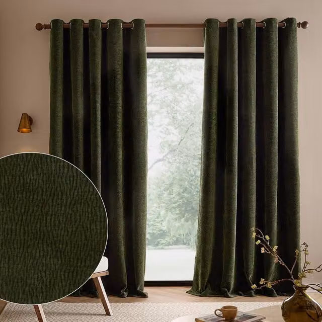 Yard Heath Washed Velvet Fully Lined Eyelet Curtain Pair in Green, Width: 117 cm, Drop: 137 cm