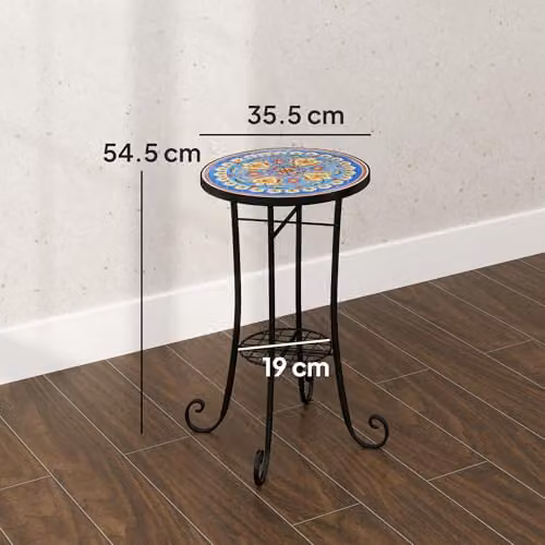 Outsunny Blue Mosaic Garden Bistro Table with Shelf, Round Ceramic Top – 3