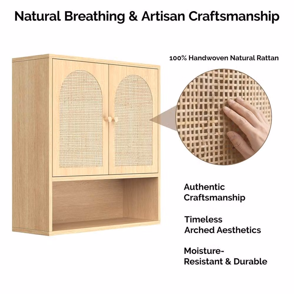 KORVIXA Oak and Bamboo Bathroom Wall Cabinet, Brown, W: 70 cm, H: 75 cm – 2