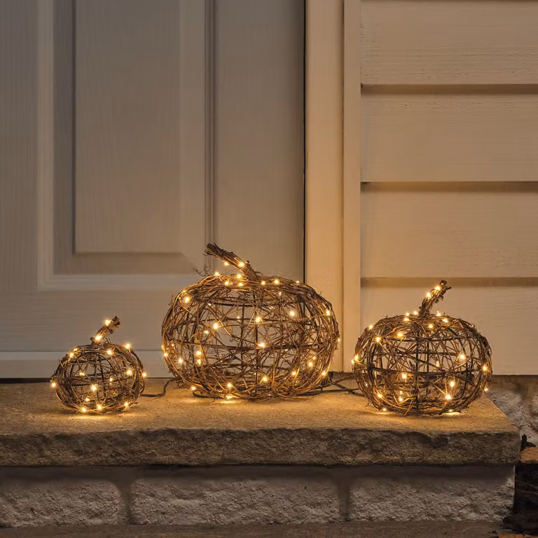 Lights4fun 3 Wicker Autumn Pumpkin LED Outdoor Decorations in Orange and Brown