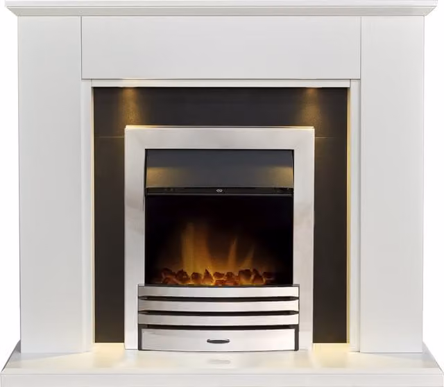 Adam Eltham Electric Fireplace in White and Black with Chrome Finish and Downlights