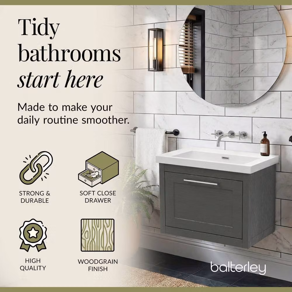 Balterley Blithbury 1 Drawer Vanity Basin Unit in Dark Grey Woodgrain, W: 60 cm, D: 45 cm, H: 60 cm – 5