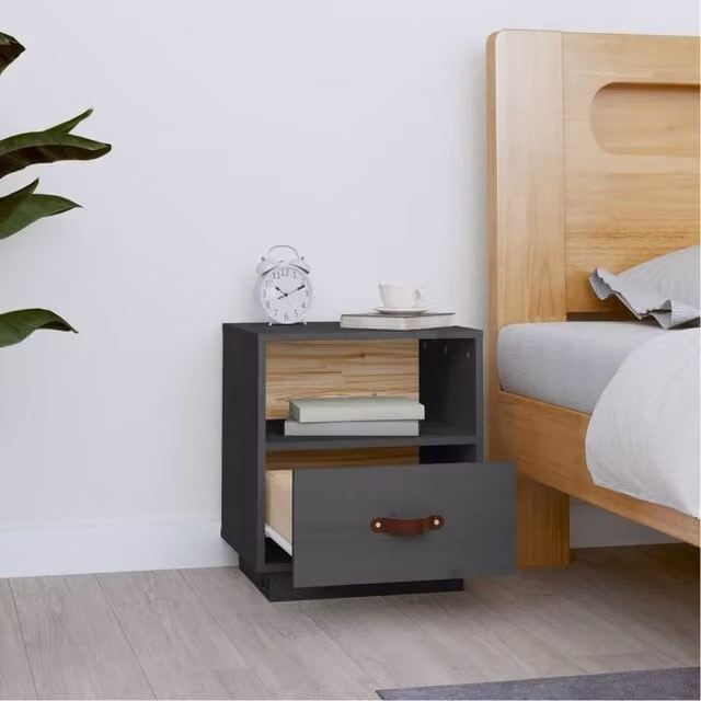 Berkfield Home Beautiful Bedside Cabinet in Grey Solid Pine, W: 40 cm, D: 34 cm, H: 45 cm