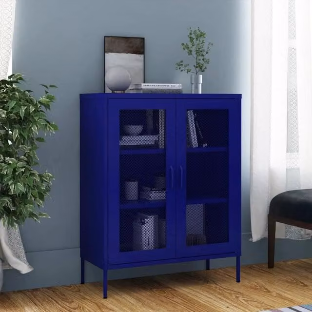 Berkfield Home Navy Blue Steel Storage Cabinet with Glass Doors, W/D/H: 80 x 35 x 101.5 cm