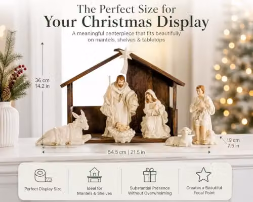 Belleek Living Classic Nativity Set, White and Gold Ceramic Tabletop Christmas Figurines, H 50.8 cm x W 40.64 cm x D 40.64 cm – 3