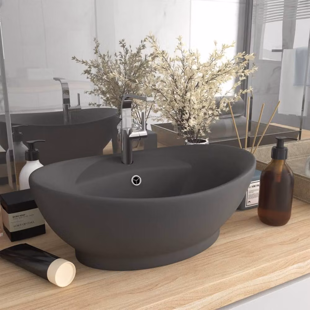 Berkfield Home Oval Ceramic Countertop Basin with Overflow in Matt Dark Grey W: 58.5 cm, D: 39 cm – 2