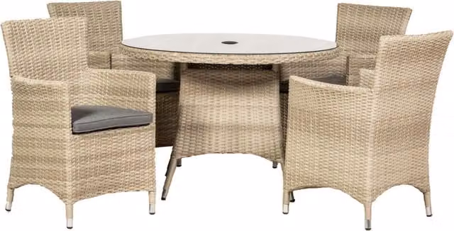 Royalcraft Round Glass Top Garden Dining Set with Beige Weather Resistant Cushions