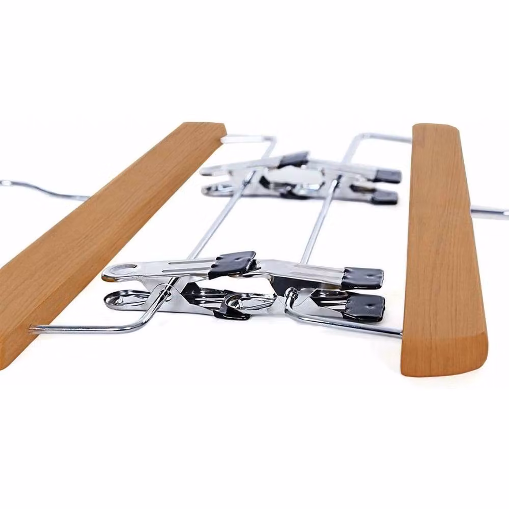 PAWNORA 20 Piece Set of Brown Wooden Trouser Hangers with Non-Slip Clips and Metal Bar – 4