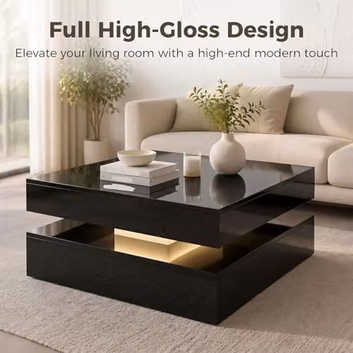 HOMCOM Modern High Gloss Black LED Coffee Table with 2-Tier Storage and Lift Mechanism – 5