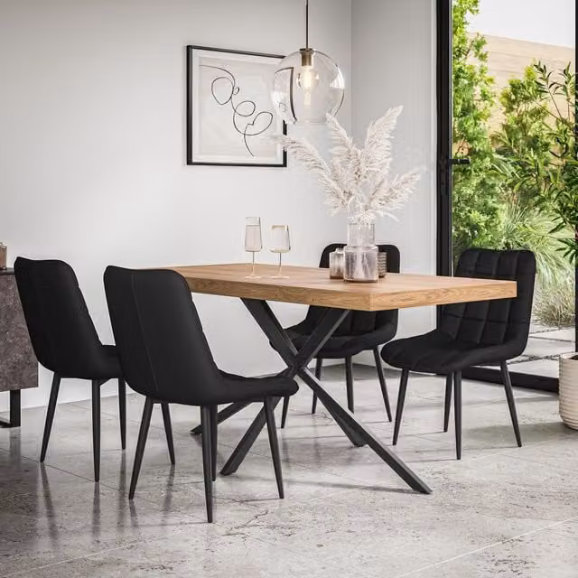 More4Homes Donni Dining Table and 6 Nova Faux Leather Chairs Set, Oak Effect Top with Black Legs, W/D/H: 160 x 80 x 76 cm – 1