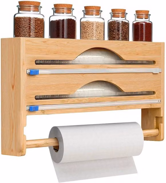 Kelvenix 4-in-1 Bamboo Kitchen Cling Film, Foil and Towel Dispenser with Shelf, Brown
